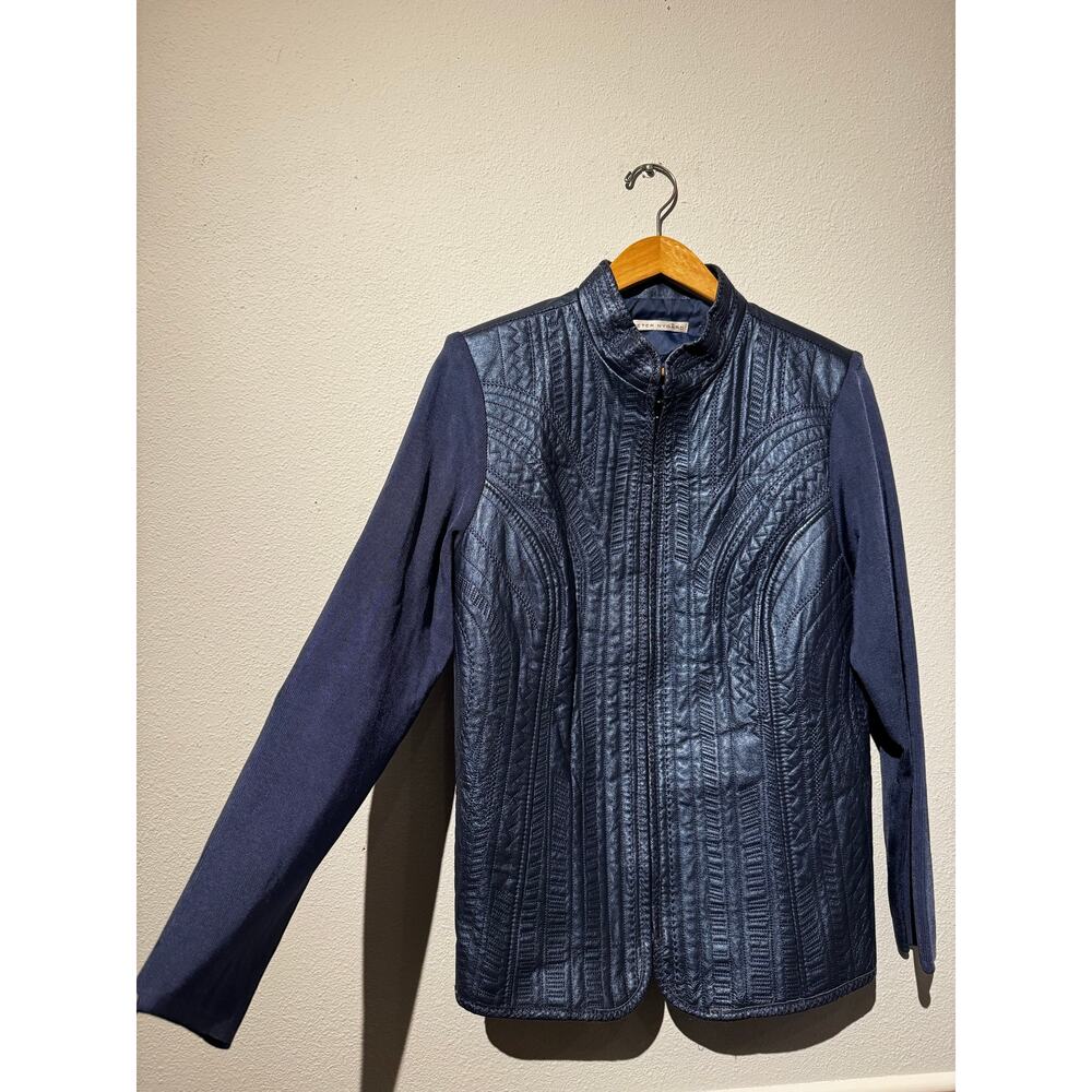 Peter Nygard Blue Leather Knit Jacket Size L
